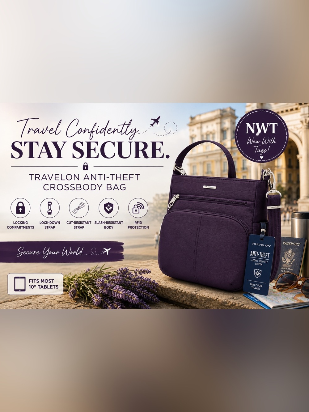 Travelon Classic North/South AntiTheft Crossbody Bag Purple RFID Locking Bag NWT